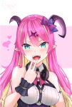  1girl :d asymmetrical_horns bare_shoulders blonde_hair blush breasts demon_horns eyebrows_visible_through_hair fangs green_eyes hair_between_eyes hair_ornament hand_up headphones headphones_around_neck highres hololive horns long_hair looking_at_viewer mano_aloe multicolored_hair open_mouth pink_hair pointy_ears rihitoo0 sleeveless smile solo two-tone_hair virtual_youtuber 