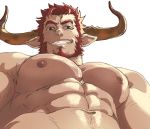  1boy agielba animal_ears bara beard blush chest chest_hair close-up dogandclover draph facial_hair from_below granblue_fantasy green_eyes horns male_focus manly muscle nipples pectorals redhead shirtless smile solo symbol_commentary upper_body 