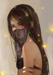  1girl arabian_clothes black_hair blush breasts circlet dancer dark_skin freckles green_eyes highres jewelry karyeo lips long_hair looking_at_viewer mouth_veil original portrait realistic see-through simple_background small_breasts solo strapless tubetop veil 