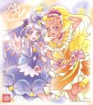  2girls :d blonde_hair blue_eyes circlet collarbone cure_selene cure_soleil dress earrings floating_hair hand_on_hip highres jewelry leg_up long_hair multiple_girls official_art open_mouth orange_dress outstretched_arm outstretched_hand precure purple_dress purple_hair shiny shiny_hair short_sleeves smile standing star_twinkle_precure very_long_hair violet_eyes yellow_legwear 
