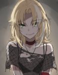  1girl bangs black_shirt blonde_hair bra breasts choker fang fate/apocrypha fate_(series) green_eyes highres jewelry long_hair looking_at_viewer mordred_(fate) mordred_(fate)_(all) multicolored_hair necklace parted_bangs shirt small_breasts smile streaked_hair tonee underwear 