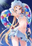  1girl abigail_williams_(fate/grand_order) abigail_williams_(swimsuit) arm_behind_head arm_up armpits bangs bare_shoulders bikini bird blonde_hair blue_eyes blue_sky blush bonnet bow braid breasts can fate/grand_order fate_(series) forehead hair_bow hair_rings highres innertube keyhole long_hair looking_at_viewer mhk_(mechamania) miniskirt navel open_mouth palm_tree parted_bangs seagull sidelocks skirt sky small_breasts soda_can swimsuit thighs tree twin_braids twintails white_bikini white_bow white_headwear 