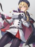 1girl artist_name artoria_pendragon_(all) artoria_pendragon_(caster) ass_visible_through_thighs black_gloves blonde_hair blush braid breasts cuboon double-breasted dutch_angle fate/grand_order fate_(series) french_braid gloves green_eyes grimace hair_between_eyes hand_on_own_chest large_breasts looking_at_viewer panties panties_under_pantyhose pantyhose pantyshot sidelocks solo staff thighs twitter_username underwear uniform white_background 