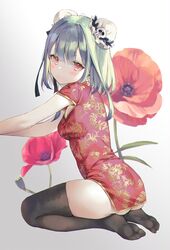  1girl ass black_legwear breasts bun_cover cha_chya china_dress chinese_clothes double_bun dress flower gold_trim green_hair highres hololive looking_at_viewer looking_to_the_side no_shoes red_dress red_eyes red_flower seiza short_dress short_hair short_sleeves sitting small_breasts solo thigh-highs thighs uruha_rushia v-shaped_eyebrows virtual_youtuber white_background 