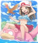  1girl absurdres afloat arm_up armpits barefoot blush brown_hair clouds commentary_request day eyelashes fearow gen_1_pokemon hand_on_headwear hand_up highres leaf_(pokemon) long_hair one_eye_closed open_mouth outdoors pokemoa pokemon pokemon_(game) pokemon_frlg red_skirt riding_pokemon sitting skirt sky slowpoke soles teeth toes tongue upper_teeth water white_headwear 