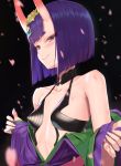  1girl bangs bare_shoulders bob_cut breasts collarbone commentary_request eyeliner fate/grand_order fate_(series) headpiece highres horns japanese_clothes kimono long_sleeves looking_at_viewer makeup maru_(maru1625) oni oni_horns purple_hair purple_kimono revealing_clothes short_hair shuten_douji_(fate/grand_order) skin-covered_horns small_breasts violet_eyes wide_sleeves 