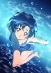  1girl air_bubble bare_arms bare_legs barefoot bishoujo_senshi_sailor_moon blue_eyes blue_hair blue_theme breasts bubble commentary competition_swimsuit english_commentary full_body kaze-hime mizuno_ami one-piece_swimsuit parted_lips short_hair small_breasts solo swimming swimsuit underwater work_in_progress 