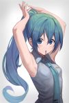  1girl absurdres alternate_hairstyle armpits arms_up bibboss39 commentary grey_background grey_shirt hair_between_eyes hair_tie hatsune_miku highres long_hair looking_at_viewer mouth_hold necktie ponytail shirt sleeveless sleeveless_shirt solo tying_hair upper_body very_long_hair vocaloid 