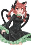  1girl animal_ears bangs black_bow black_dress black_tail bow braid breasts cat_ears cat_tail chups dress extra_ears eyebrows_visible_through_hair fang frilled_dress frilled_sleeves frills green_frills hair_bow highres kaenbyou_rin long_sleeves looking_at_viewer multiple_tails nekomata open_mouth red_eyes red_nails red_neckwear redhead short_hair simple_background solo tail touhou twin_braids two_tails white_background 