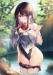  1girl 3: bare_shoulders black_skirt black_swimsuit blurry bow bowtie breasts brown_hair depth_of_field frown groin highleg highleg_swimsuit highres large_breasts long_hair looking_at_viewer miniskirt necomi off_shoulder one-piece_swimsuit original outdoors pleated_skirt see-through shirt short_sleeves sidelocks skirt skirt_pull solo standing swimsuit thighs violet_eyes wading water wet white_shirt 