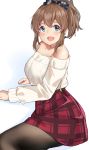  1girl :d bare_shoulders blue_eyes blush brown_hair earrings hair_ribbon highres idolmaster idolmaster_million_live! jewelry koukoku long_sleeves looking_at_viewer open_mouth plaid plaid_skirt ponytail ribbon satake_minako sitting skirt smile solo sweater thigh-highs 