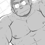  1boy abs bara beard blush chest facial_hair flustered greyscale gunzo_(tokyo_houkago_summoners) looking_at_viewer male_focus monochrome muscle nipples pectorals pov saru_hiko scar shirtless short_hair solo thick_eyebrows tokyo_houkago_summoners upper_body 