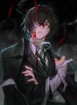 1boy bandage_over_one_eye bandaged_arm bandaged_neck bandages bandaid bandaid_on_face black_jacket black_neckwear black_suit blood bloody_bandages brown_eyes brown_hair bungou_stray_dogs crossed_arms danhu dazai_osamu_(bungou_stray_dogs) fingernails formal from_below jacket jacket_on_shoulders male_focus necktie parted_lips signature solo suit uppercut