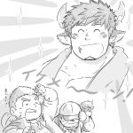  4boys ^_^ animal_ears bangs beard blush character_request chest chibi closed_eyes facial_hair forked_eyebrows glowing_horns goatee greyscale gunzo_(tokyo_houkago_summoners) highres horns male_focus monochrome multiple_boys muscle saru_hiko shirtless short_hair smile sparkle thick_eyebrows tokyo_houkago_summoners upper_body wakan_tanka 