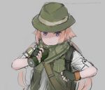  1girl armband brown_hair closed_eyes dress english_text expressionless f1_(girls_frontline) fingerless_gloves girls_frontline gloves green_dress green_gloves green_headwear grenade_pin grey_background hat highres holding holding_grenade rampart1028 shemagh shirt simple_background solo twintails upper_body violet_eyes white_shirt 