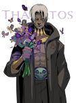  1boy belt blush bouquet bug butterfly character_name dark_skin dark_skinned_male flower hades_(game) hand_in_pocket hood hood_down insect jen_zee male_focus official_art open_clothes silver_hair skull thanatos_(hades) yellow_eyes 