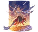  1boy abs albert_(shingeki_no_bahamut) animal_on_arm bird bird_on_arm blonde_hair clouds cloudy_sky granblue_fantasy happy jacket muscle official_art open_clothes open_jacket open_shirt seagull shore sky smile summer sunset toned toned_male 