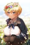  1girl bangs black_gloves black_jacket black_legwear blonde_hair blue_eyes blue_neckwear blue_skirt blue_sky blurry blush breasts button_gap collarbone collared_shirt cowboy_shot day depth_of_field eyebrows_visible_through_hair field flower flower_field girls_frontline gloves hair_between_eyes hair_ornament hands_on_own_knees head_wreath highres jacket large_breasts long_sleeves looking_to_the_side mole mole_under_eye neck_ribbon nelf outdoors pantyhose ribbon shirt shirt_tucked_in short_hair sidelocks signature skirt sky smile snap-fit_buckle snowflake_hair_ornament solo_focus sparkle squatting vsk-94_(girls_frontline) white_flower white_shirt 