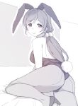  1girl animal_ears ass bare_shoulders blush breasts bunny_tail bunnysuit closed_mouth deyuuku eyebrows_visible_through_hair greyscale hair_bobbles hair_ornament looking_at_viewer love_live! love_live!_school_idol_project low_twintails monochrome rabbit_ears smile solo tail toujou_nozomi twintails 