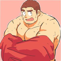  1boy bara beard blush brown_hair chest facial_hair gunzo_(tokyo_houkago_summoners) highres male_focus muscle pectorals saru_hiko scar shirtless short_hair solo sweat thick_eyebrows tokyo_houkago_summoners undressing upper_body 