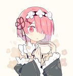  1girl :| bangs beige_background black_hairband blunt_bangs closed_mouth coffee cup detached_sleeves drink expressionless floral_background flower frilled_sleeves frills hair_flower hair_ornament hair_over_one_eye hair_ribbon hairband hands_up holding holding_cup long_sleeves looking_at_viewer melanbread no_nose parted_bangs pink_eyes pink_hair ram_(re:zero) re:zero_kara_hajimeru_isekai_seikatsu red_ribbon ribbon short_hair simple_background solo symbol_commentary teacup upper_body wide_sleeves 