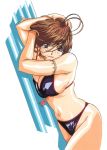  1girl armlet bikini black_bikini bracelet breasts brown_eyes brown_hair hand_on_own_head jewelry kaze_akio large_breasts lying nail_polish navel on_side red_nails shiny shiny_skin short_hair solo swimsuit 