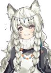  1girl animal_ear_fluff animal_ears arknights bead_necklace beads blush braid circlet commentary_request dress grey_eyes hair_between_eyes high_collar jewelry leopard_ears leopard_girl leopard_tail long_hair looking_at_viewer necklace pramanix_(arknights) silver_hair simple_background smile solo tail twin_braids upper_body white_background white_dress yoruhachi 