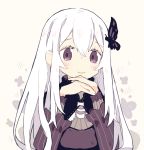  1girl bangs beige_background butterfly_hair_ornament chin_rest closed_mouth crossed_bangs echidna_(re:zero) eyebrows_visible_through_hair floral_background hair_between_eyes hair_ornament hands_together long_hair long_sleeves looking_at_viewer melanbread no_nose own_hands_together re:zero_kara_hajimeru_isekai_seikatsu simple_background smile solo striped symbol_commentary tareme upper_body vertical_stripes violet_eyes white_hair 