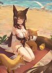  1girl amagi_(azur_lane) amagi_(wending_waters_serene_lotus)_(azur_lane) animal_ears ankle_ribbon azur_lane bangs bare_shoulders barefoot beach beach_towel bird blunt_bangs blush breasts brown_hair choker cirilla fox fox_ears fox_girl hair_ornament highres large_breasts long_hair looking_at_viewer manjuu_(azur_lane) obi outdoors ribbon sash see-through seiza sitting smile solo swimsuit thick_eyebrows thigh_strap towel violet_eyes 