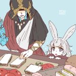  1boy 1girl animal_ears artist_name awestruck basket blue_background blush child crystal crystal_exarch final_fantasy final_fantasy_xiv fingernails food grey_eyes grey_hair holding holding_knife hood hood_up knife lili_mdoki miqo&#039;te open_mouth rabbit_ears redhead sandwich shaded_face signature simple_background smile sparkle table teeth tomato tongue viera 