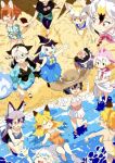  &gt;_&lt; 6+girls animal_ears aqua_hair bare_legs bare_shoulders beach bikini black_hair blonde_hair blowhole blue_eyes blue_hair blush bow bowtie bracelet buried california_sea_lion_(kemono_friends) captain_(kemono_friends) chinese_white_dolphin_(kemono_friends) closed_eyes common_bottlenose_dolphin_(kemono_friends) common_dolphin_(kemono_friends) common_raccoon_(kemono_friends) dhole_(kemono_friends) dog_ears dog_girl dog_tail dolphin_tail dorsal_fin dress eyebrows_visible_through_hair ezo_red_fox_(kemono_friends) fennec_(kemono_friends) flying fox_ears fox_girl fox_tail frilled_swimsuit frills glasses greater_rhea_(kemono_friends) grey_hair hakoneko_(marisa19899200) hat highres holding_hands jewelry kaban_(kemono_friends) kemono_friends kemono_friends_3 light_brown_hair long_hair multicolored_hair multiple_girls necktie one-piece_swimsuit one_eye_closed open_mouth orange_hair orange_swimsuit pink_hair pink_neckwear raccoon_ears raccoon_girl red_neckwear sailor_collar sailor_dress sand sandals serval_(kemono_friends) serval_ears serval_girl serval_tail shirt short_hair short_sleeves silver_fox_(kemono_friends) silver_hair sleeveless sun_hat swimsuit t-shirt tail water white_shirt yellow_eyes yellow_neckwear yellow_swimsuit 