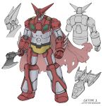  absurdres axe cape clenched_hand getter-1 getter_robo highres holding holding_axe looking_down mecha multiple_views no_humans redesign super_robot white_background yellow_eyes zen_(jirakun) 