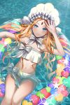  1girl abigail_williams_(fate/grand_order) abigail_williams_(swimsuit) bangs bare_shoulders bikini blonde_hair blue_eyes blush bonnet bow braid breasts closed_mouth fate/grand_order fate_(series) forehead hair_bow hair_rings innertube irlhui keyhole long_hair looking_at_viewer miniskirt navel parted_bangs sidelocks sitting skirt small_breasts smile swimsuit thighs twin_braids twintails water white_bikini white_bow white_headwear 