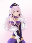  1girl chirun0 closed_mouth dress fire_emblem fire_emblem:_three_houses fire_emblem_heroes fur_trim gloves hair_ornament hat highres long_hair lysithea_von_ordelia pink_eyes simple_background solo upper_body white_gloves white_hair 