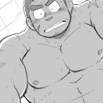  1boy abs bara beard blush chest facial_hair flustered greyscale gunzo_(tokyo_houkago_summoners) looking_at_viewer male_focus monochrome muscle nipples pectorals pov saru_hiko scar shirtless short_hair solo thick_eyebrows tokyo_houkago_summoners upper_body 