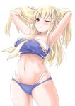  1girl adapted_costume bikini blonde_hair blue_bikini blush breasts closed_mouth collarbone cowboy_shot eyebrows_visible_through_hair fletcher_(kantai_collection) groin hands_in_hair highres kantai_collection large_breasts long_hair navel one_eye_closed simple_background smile solo swimsuit takomeshi white_background yellow_eyes 