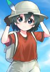  1girl adjusting_clothes adjusting_hat backpack bag black_gloves black_hair blue_eyes blue_sky blush closed_mouth clouds commentary_request day gloves hair_between_eyes hand_on_headwear hat hat_feather helmet highres kaban_(kemono_friends) kemono_friends looking_at_viewer pith_helmet red_shirt shirt short_hair shorts sky smile solo usagi_koushaku wavy_hair 