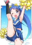  1girl arm_up armpits black_legwear blue_background blue_buruma blue_eyes blue_hair blue_skirt blush buruma buruma_under_skirt cheerleader eyebrows_visible_through_hair flying_kick gradient gradient_background hair_between_eyes highres kantai_collection kicking leg_up long_hair looking_at_viewer multicolored multicolored_background one_eye_closed open_mouth panties pantyshot pleated_skirt pom_poms samidare_(kantai_collection) shirt skirt sleeveless sleeveless_shirt smile socks solo underwear very_long_hair white_shirt yokoshima_(euphoria) 