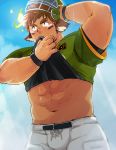  1boy abs animal_ears bangs bara blush brown_hair bulge facial_hair forked_eyebrows glowing_horns headwear_removed helmet helmet_removed horns male_focus muscle native_american rugby_uniform shirt_pull simple_background solo sportswear suv sweat thick_eyebrows thighs tokyo_houkago_summoners upper_body wakan_tanka 