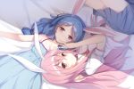  2girls absurdres animal_ears bare_arms bare_shoulders bed_sheet blue_dress blue_hair closed_mouth dress grey_skirt highres light_smile long_hair looking_at_viewer lying miniskirt multiple_girls navel necktie on_back p-a-cheng pink_hair puffy_short_sleeves puffy_sleeves rabbit_ears red_eyes red_neckwear reisen_udongein_inaba seiran_(touhou) shirt short_sleeves skirt sleeveless sleeveless_dress touhou white_shirt 