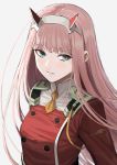  1girl atsuyah0310 bangs blush commentary darling_in_the_franxx eyelashes green_eyes hairband horns long_hair looking_to_the_side parted_lips pink_hair simple_background solo teeth turtleneck upper_body zero_two_(darling_in_the_franxx) 