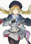 1girl arm_at_side artoria_pendragon_(all) artoria_pendragon_(caster) bangs belt black_gloves black_headwear black_legwear blonde_hair bow bowtie breasts brown_belt capelet commentary_request double-breasted dress eyebrows_visible_through_hair fate/grand_order fate_(series) floating_hair frown gloves green_eyes hair_ribbon hand_up hat highres holding holding_staff jacket light_rays long_hair long_sleeves looking_at_viewer o-ring_belt pantyhose purple_bow red_skirt ribbon simple_background skirt solo staff twintails white_background white_jacket white_skirt yunar 