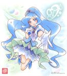  1girl :d bangs blue_eyes blue_footwear blue_hair blue_vest cure_fontaine dress floating_hair gloves hair_ornament healin&#039;_good_precure heart heart_hair_ornament highres jewelry layered_dress long_hair looking_at_viewer official_art open_mouth outstretched_arm pendant precure reaching_out shiny shiny_hair short_dress short_sleeves smile solo swept_bangs very_long_hair vest white_background white_dress white_gloves white_sleeves 