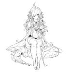  1girl ahoge arknights bangs bird bug butterfly chick chuzenji closed_mouth crocodilian_tail flower goggles goggles_around_neck hair_flower hair_ornament hair_over_one_eye hood hood_down insect large_tail lineart long_hair navel pointy_ears simple_background sitting solo tail tomimi_(arknights) 