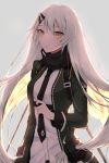  1girl barrette black_jacket black_neckwear black_scarf brown_eyes eyebrows_visible_through_hair girls_frontline hand_on_own_neck highres jacket long_hair looking_at_viewer mg4_(girls_frontline) necktie qb_516 scarf shirt silver_hair simple_background solo white_shirt 