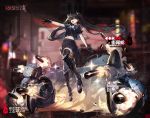  1girl artist_request bangs black_footwear black_gloves black_hair black_legwear black_sailor_collar black_skirt boots bow bowtie breasts fang firing floating girls_frontline gloves headgear high_heel_boots high_heels long_hair medium_breasts midriff navel official_art open_mouth ouroboros_(girls_frontline) outstretched_arm pleated_skirt sailor_collar sangvis_ferri school_uniform serafuku skirt smoke solo sparkle thigh-highs twintails white_neckwear 