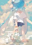  1girl aspara back blue_hair bracelet casual clouds cloudy_sky highres holding holding_clothes holding_footwear inkling jewelry long_hair ocean sand shirt shorts sky solo splatoon_(series) standing waves white_shirt 