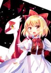  1girl :d absurdres angel_wings blonde_hair bow bowtie brown_vest gengetsu_(touhou) hair_bow highres latias looking_at_viewer open_mouth ougi_maimai pokemon pokemon_(creature) red_bow red_bowtie red_eyes short_hair smile touhou touhou_(pc-98) vest white_wings wings yellow_eyes 