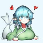  1girl blue_eyes blue_hair blush breasts drill_hair drill_locks head_fins heart hh highres japanese_clothes kimono large_breasts long_sleeves mermaid monster_girl partially_submerged short_hair simple_background smile solo touhou wakasagihime white_background wide_sleeves 