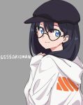  1girl bangs black_hair black_headwear blue_eyes english_text glasses hat hood hoodie logo long_hair looking_at_viewer simple_background sitnon smile solo ssss.gridman takarada_rikka white_hoodie 